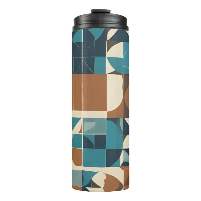 Dark Blue, Teal, Brown, and Tan Geometric Pattern Thermal Tumbler (Front)
