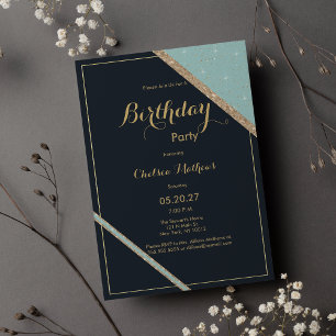 Dark blue teal gold glitter geometric Birthday Invitation