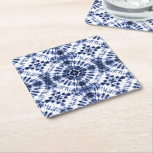 Dark Blue Tie Dye Pattern Square Paper Coaster