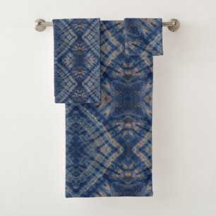 Dark Blue Tie Dye Traditional Pattern Style Bath Towel Set