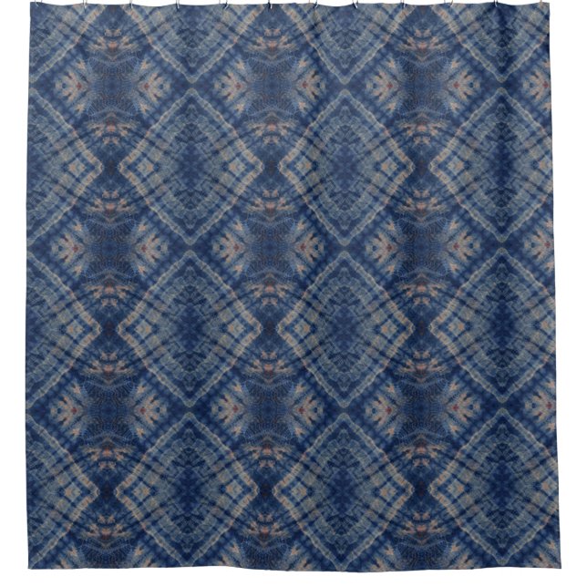 Dark Blue Tie Dye Traditional Pattern Style Shower Curtain (Front)