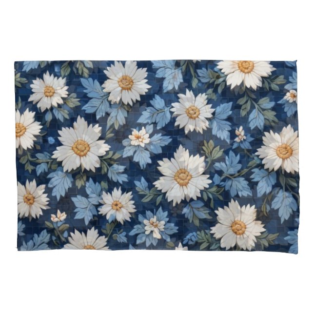 Dark Blue Tile White Floral  Pillowcase (Front)