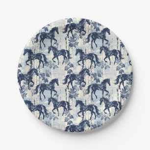 Dark Blue Toile Horses Seamless Paper Plate