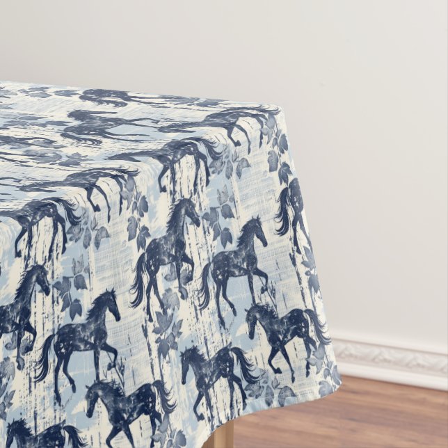 Dark Blue Toile Horses Seamless Tablecloth (In Situ)