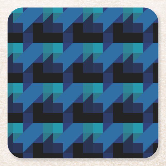 Dark Blue Toned Geometric mix Pattern Square Paper Coaster (Front)