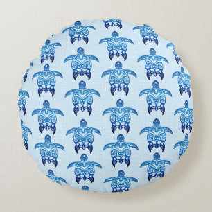 Dark Blue Tribal Honu Turtles Round Cushion