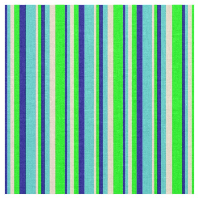 Dark Blue, Turquoise, Tan, and Lime Coloured Lines Fabric (Close Up)