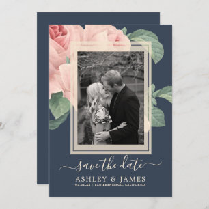 Dark Blue Vintage Pink Rose Wedding Save the Date Invitation