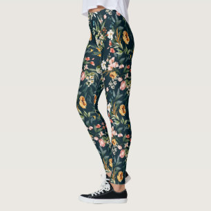 Dark Blue Vintage Style Garden Flower Pattern Leggings