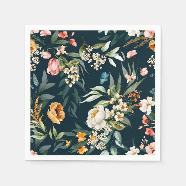 Dark Blue Vintage Style Garden Flower Pattern Napkin (Front)