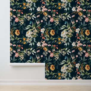 Dark Blue Vintage Style Garden Flower Pattern Wallpaper
