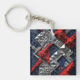 Dark Blue Vivid Red Silver Micro Mosaic 3D  Key Ring