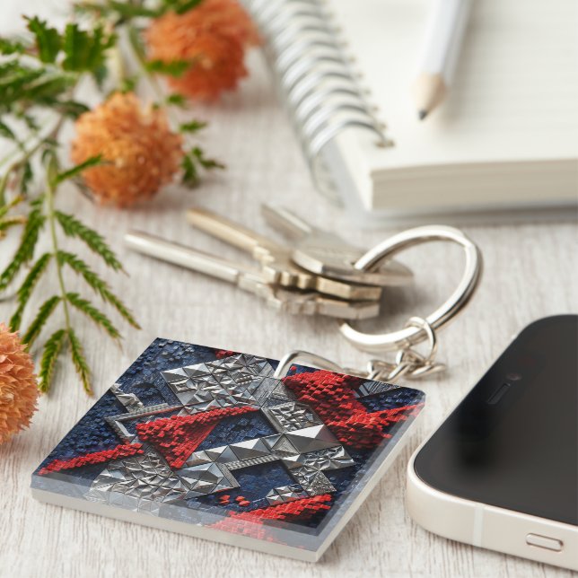 Dark Blue Vivid Red Silver Micro Mosaic 3D  Key Ring (Front Right)