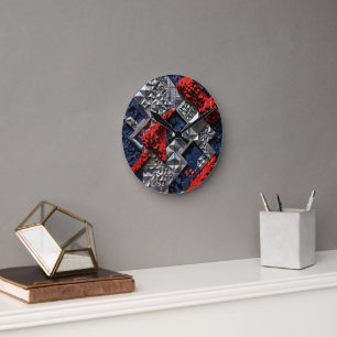 Dark Blue Vivid Red Silver Micro Mosaic 3D  Round Clock
