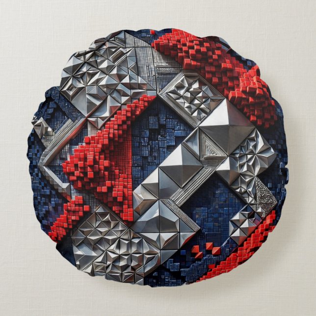 Dark Blue Vivid Red Silver Micro Mosaic 3D  Round Cushion (Front)