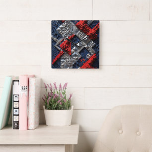 Dark Blue Vivid Red Silver Micro Mosaic 3D Square Wall Clock