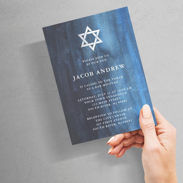 Dark Blue Watercolor Look Bar Mitzvah Invitation (Creator Uploaded)