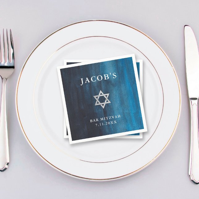 Dark Blue Watercolor Look Bar Mitzvah Napkin (Creator Uploaded)
