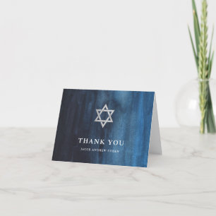 Dark Blue Watercolor Look Bar Mitzvah Thank You Card