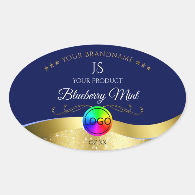 Dark Blue Wavy Gold Logo Monogram Product Label (Front)