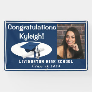 Dark Blue, White Accent Vinyl Graduation Photo Banner