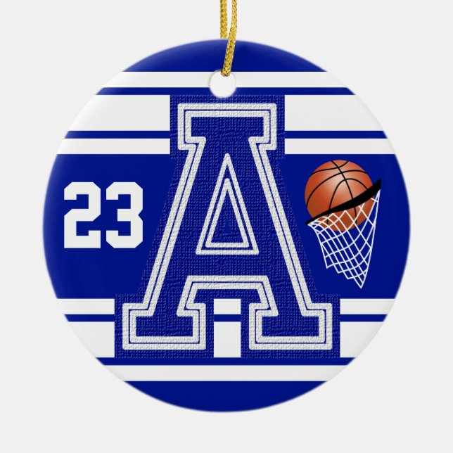 Dark Blue & White Basketball All Varsity Letters Ceramic Ornament (Front)