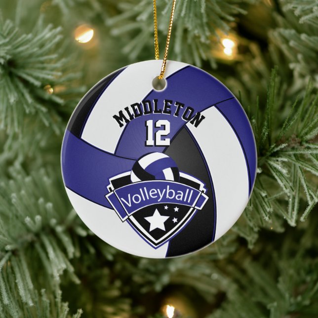 🏐 Dark Blue, White & Black Personalise Volleyball Ceramic Ornament (Tree)