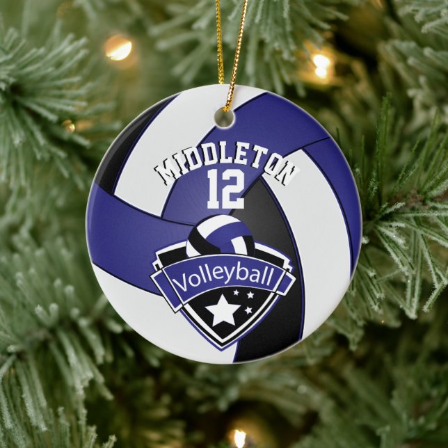 🏐 Dark Blue, White & Black Personalise Volleyball Ceramic Tree Decoration (Tree)