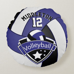 Dark Blue, White & Black Personalize Volleyball Round Cushion