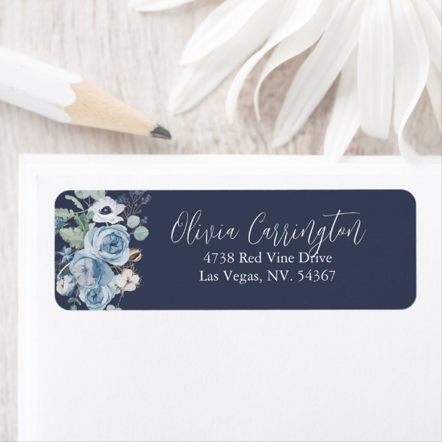 Dark Blue & White Floral Label Return Address Label (Insitu)