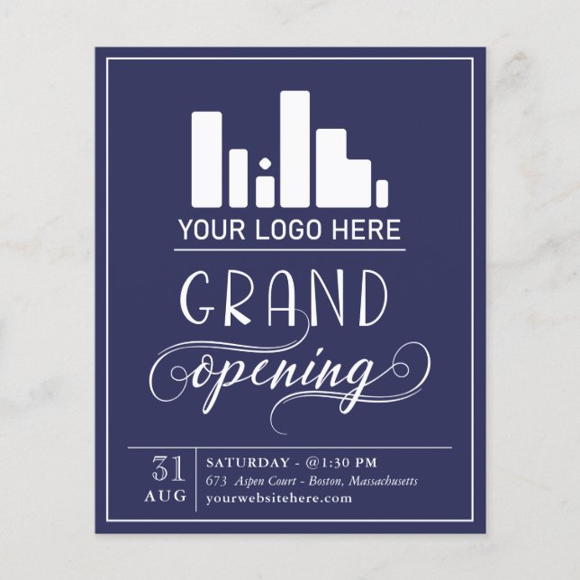 Dark Blue & White Grand Opening Your Logo Invitati Flyer (Front)