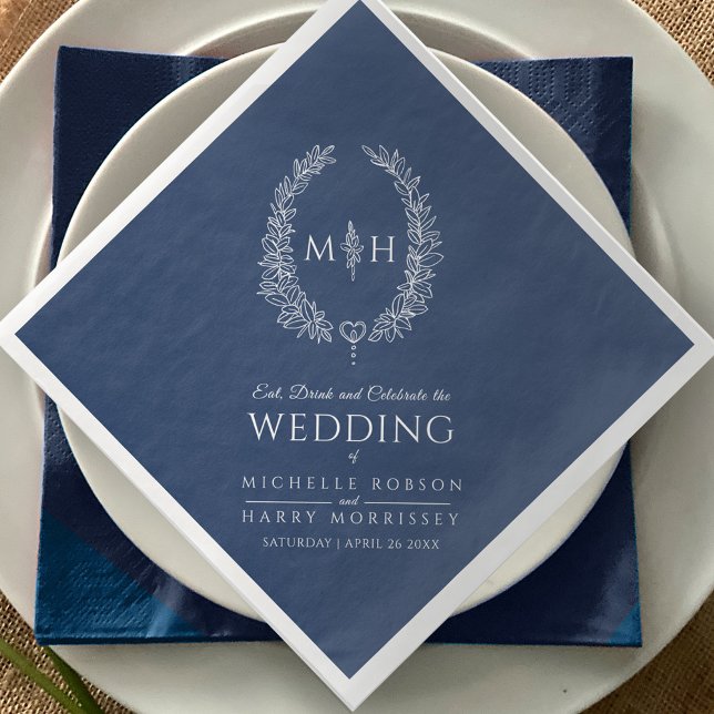Dark blue white leaf oval monogram art wedding napkin (Creator Uploaded)