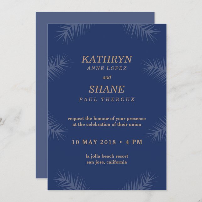 Dark Blue White Leaves Beach Wedding Invitation (Front/Back)