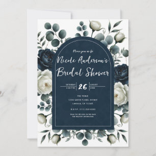 Dark Blue & White Modern Floral Bridal Shower Invitation