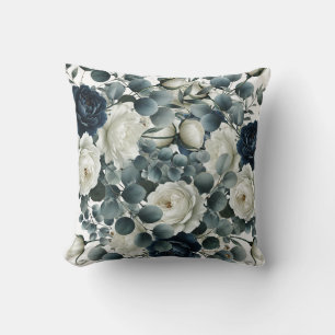 Dark Blue & White Modern Floral Greenery  Cushion