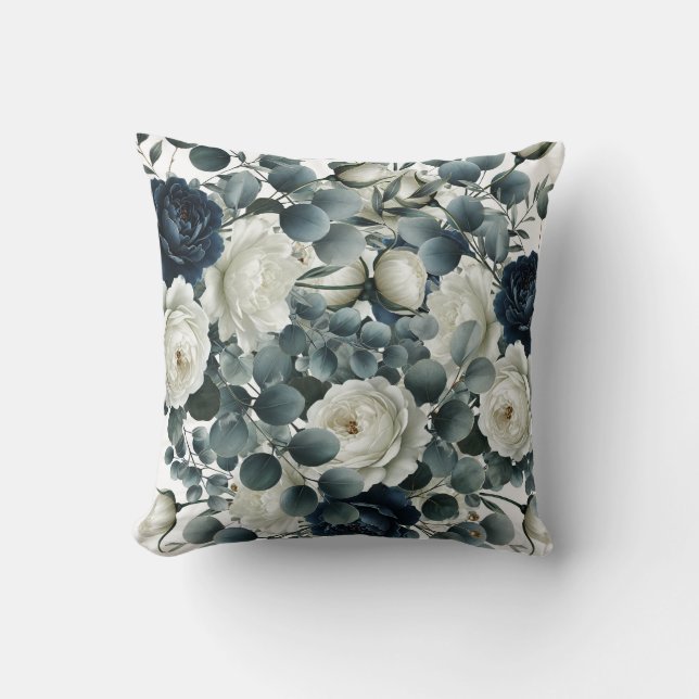Dark Blue & White Modern Floral Greenery  Cushion (Front)