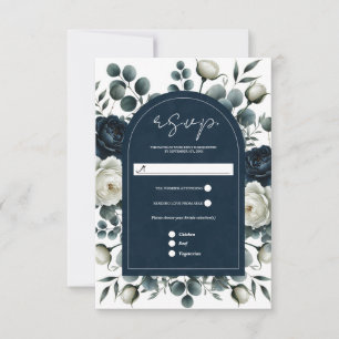 Dark Blue & White Modern Floral Greenery RSVP Card