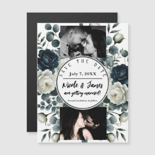 Dark Blue & White Modern Floral Greenery Save Date