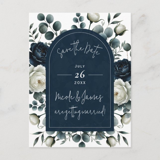 Dark Blue & White Modern Floral Greenery Save Date Announcement Postcard (Front)