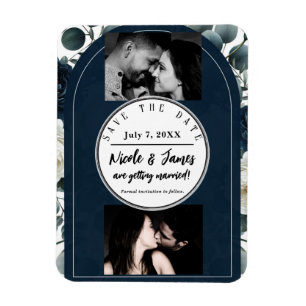Dark Blue & White Modern Floral Greenery Save Date Magnet
