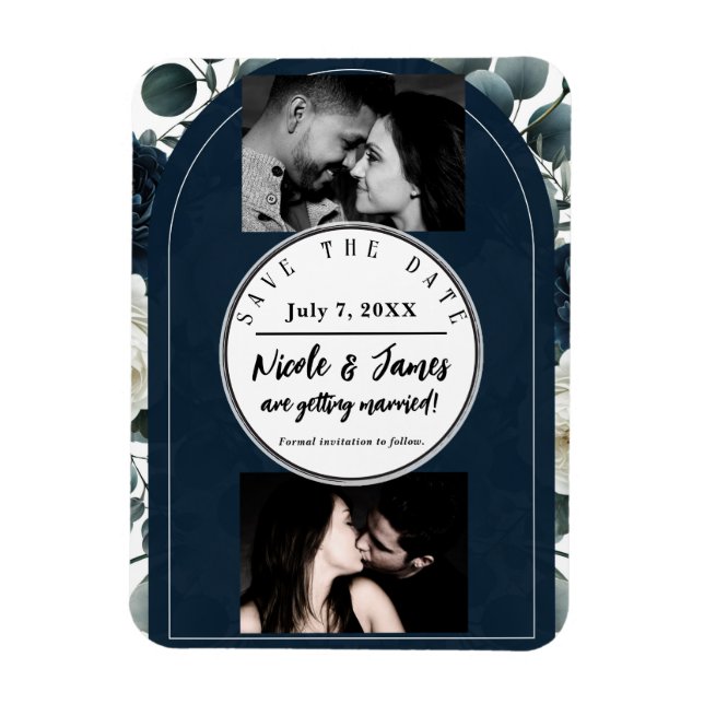 Dark Blue & White Modern Floral Greenery Save Date Magnet (Vertical)