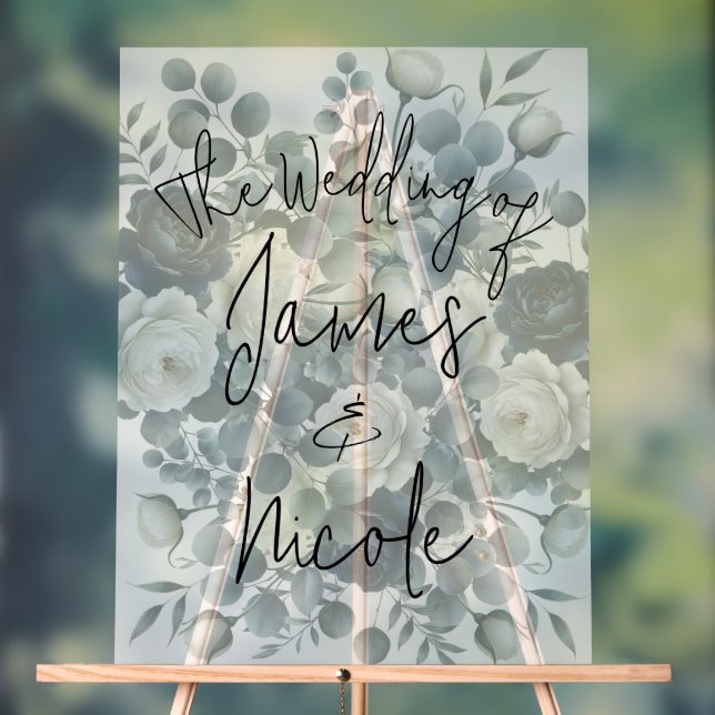 Dark Blue & White Modern Floral Greenery Wedding Acrylic Sign (Neutral)