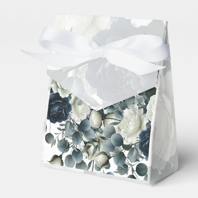 Dark Blue & White Modern Floral Greenery Wedding Favour Box (Front Side)