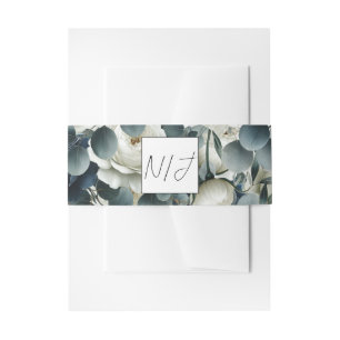 Dark Blue & White Modern Floral Greenery Wedding Invitation Belly Band