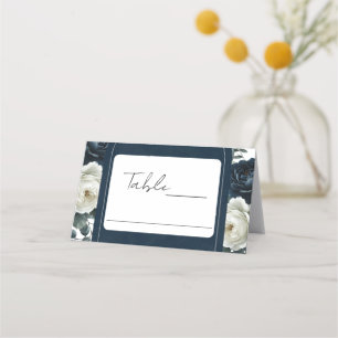 Dark Blue & White Modern Floral Greenery Wedding Place Card