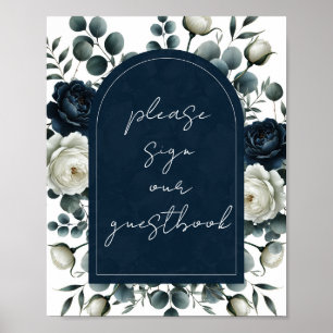 Dark Blue & White Modern Floral Guestbook Sign