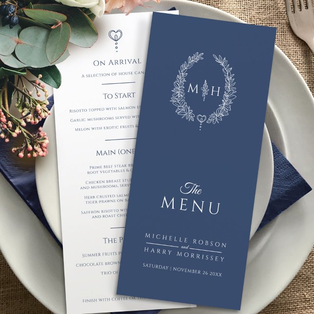 Dark blue white oval monogram wedding menu (Creator Uploaded)