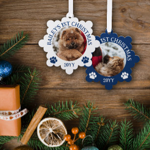 Dark Blue White Paw Prints Puppy's 1st Christmas Tree Decoration Card