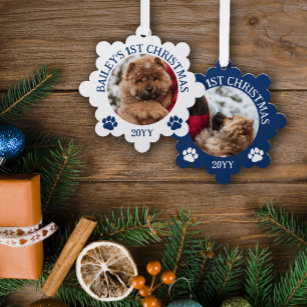 Dark Blue White Paw Prints Puppy's 1st Christmas Tree Decoration Card