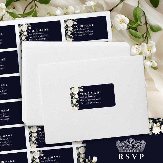 Dark Blue White Roses RSVP Envelope Address Label (RSVP envelope address labels from Princess Dress and Roses Quinceanera collection by Darling & May)